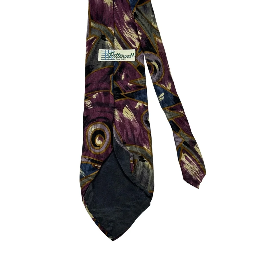 Tattersall‎ Mens Silk Necktie Abstract Geometric Brushstroke Purple Navy Gold